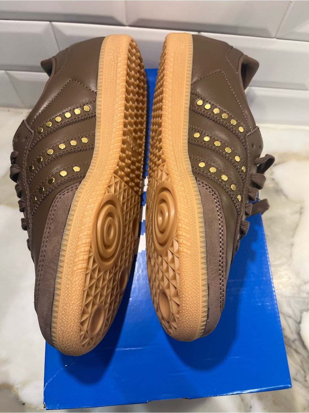 adidas Samba Leather Sneakers in Brown with Gold Accents - Picture 3 of 9